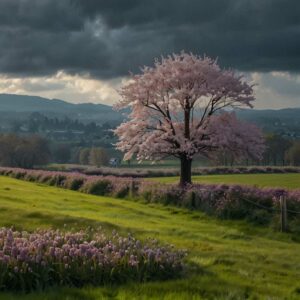 Paysage de printemps avec un arbre en fleurs et des champs de fleurs violettes sous un ciel nuageux.