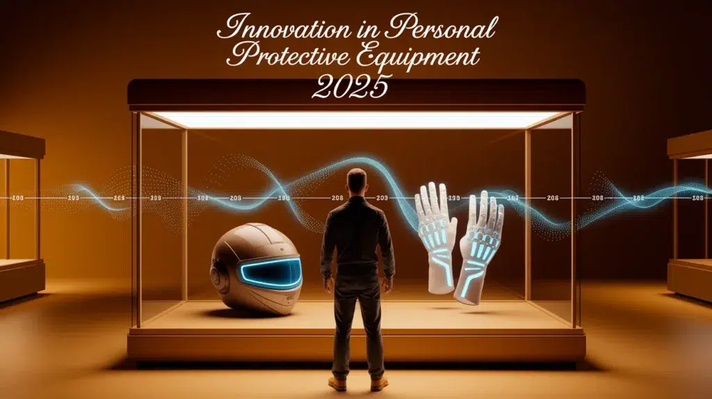 Un homme observe une vitrine d’exposition futuriste sur les équipements de protection individuelle de 2025, mettant en avant un casque high-tech et des gants intelligents avec affichage biométrique