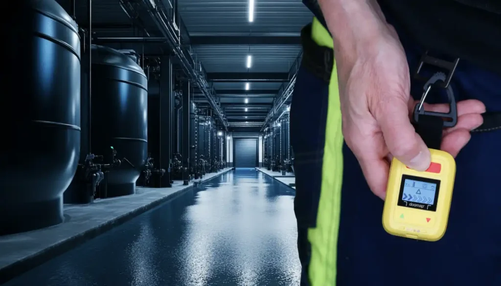Gros plan sur un dispositif PTI-DATI jaune TWIG Neo Ex fixé à la ceinture d’un travailleur, dans un environnement industriel sombre avec cuves et sols humides en zone ATEX.