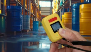 Main tenant un dispositif PTI-DATI jaune en gros plan, avec en arrière-plan un entrepôt industriel rempli de fûts métalliques bleus et jaunes.