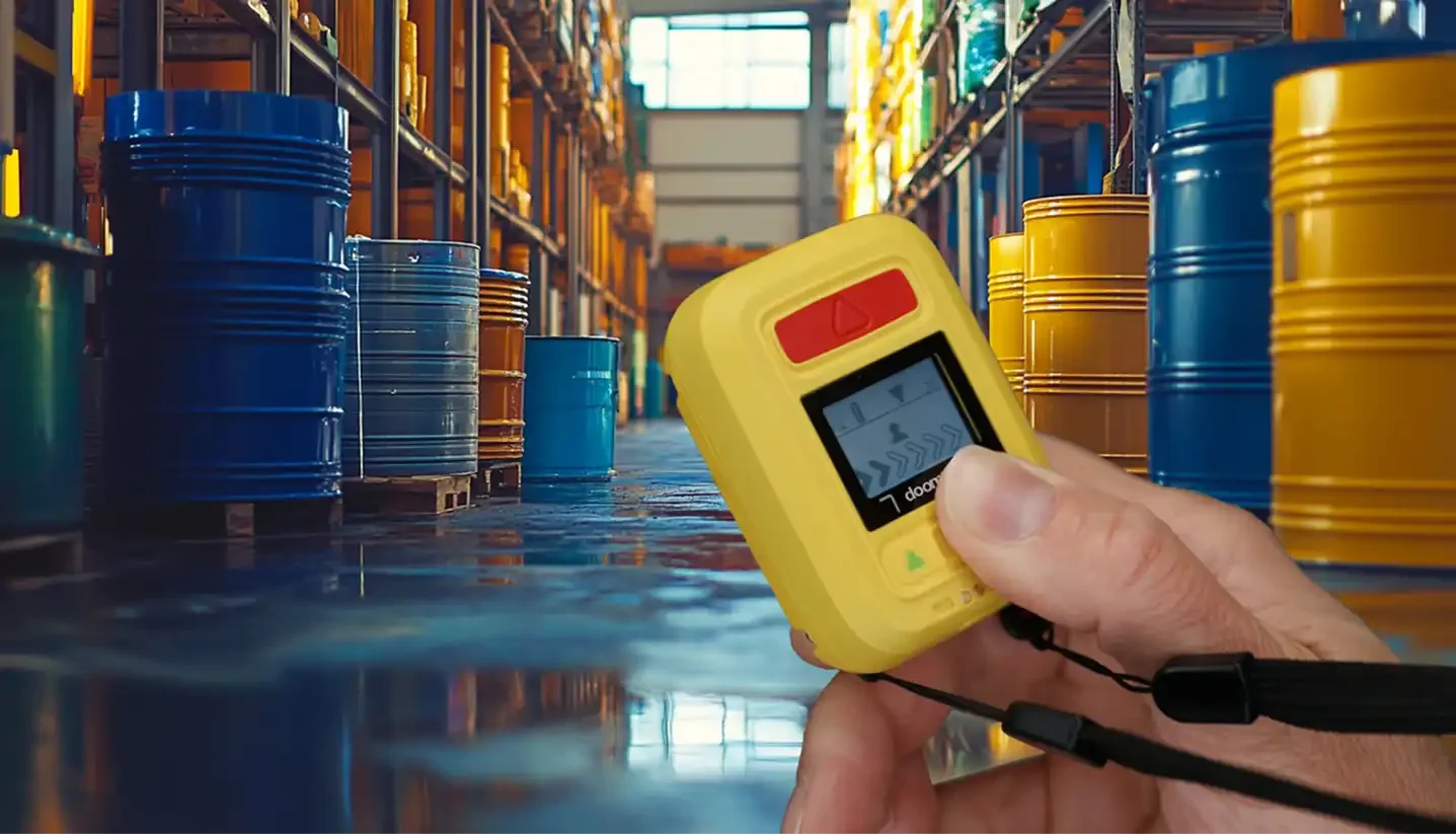 Main tenant un dispositif PTI-DATI jaune en gros plan, avec en arrière-plan un entrepôt industriel rempli de fûts métalliques bleus et jaunes.