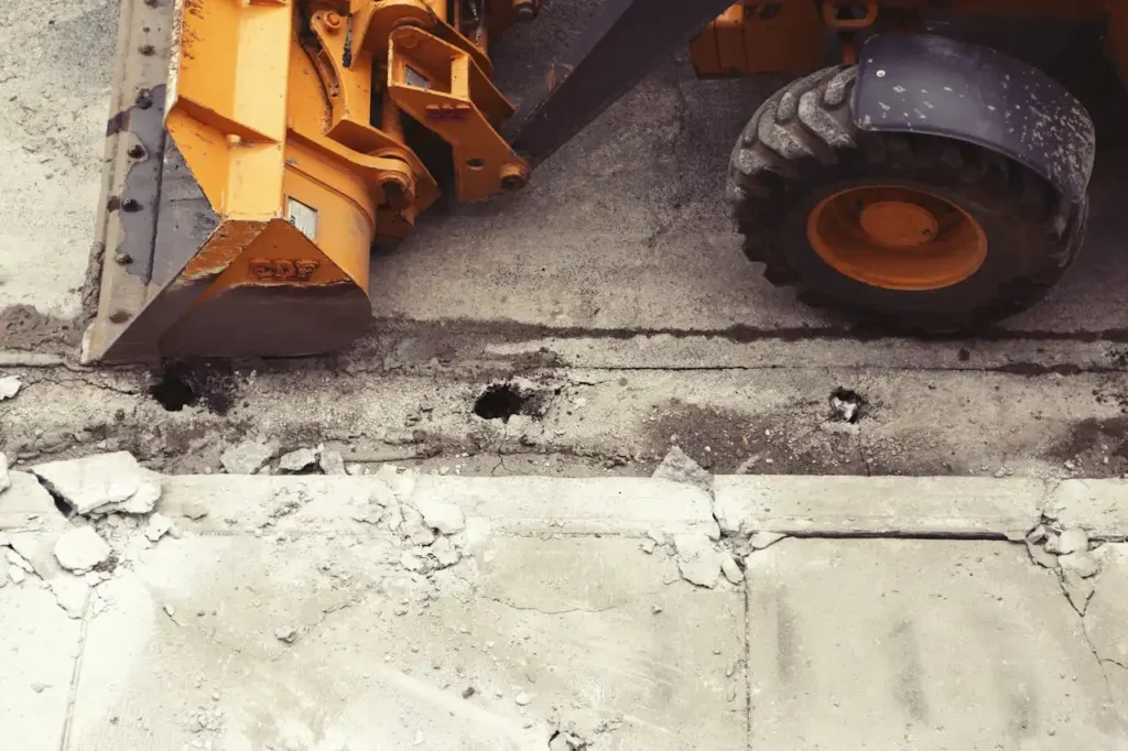 Pelleteuse en action sur un chantier, creusant et cassant une surface en béton abîmée.
