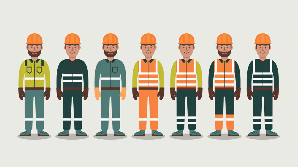 Illustration de travailleurs portant différents équipements de protection individuelle (EPI) et vêtements haute visibilité.