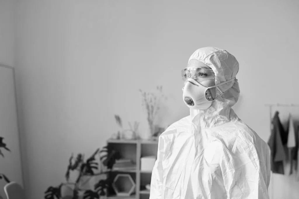 Professionnel portant une combinaison de protection intégrale, un masque respiratoire et des lunettes de sécurité dans un environnement intérieur.