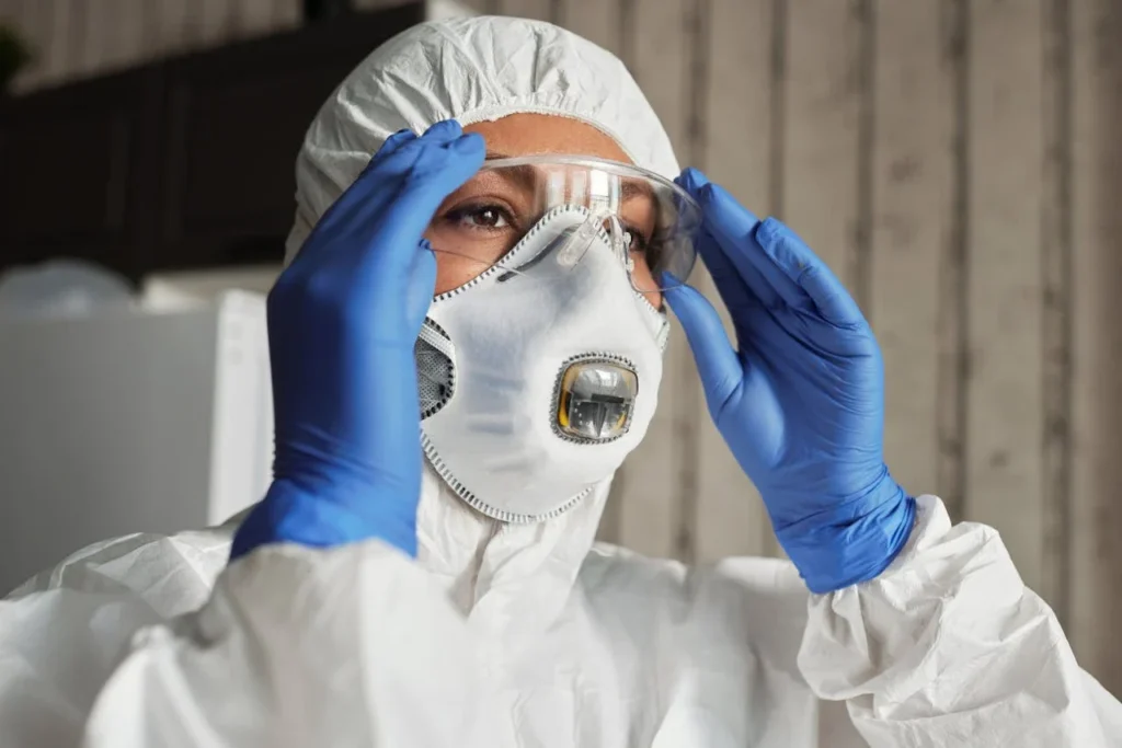 Mise en place d’un masque respiratoire avec lunettes de protection dans un environnement industriel sensible. Le port d’EPI adaptés permet de réduire les risques liés à l’inhalation de substances nocives.