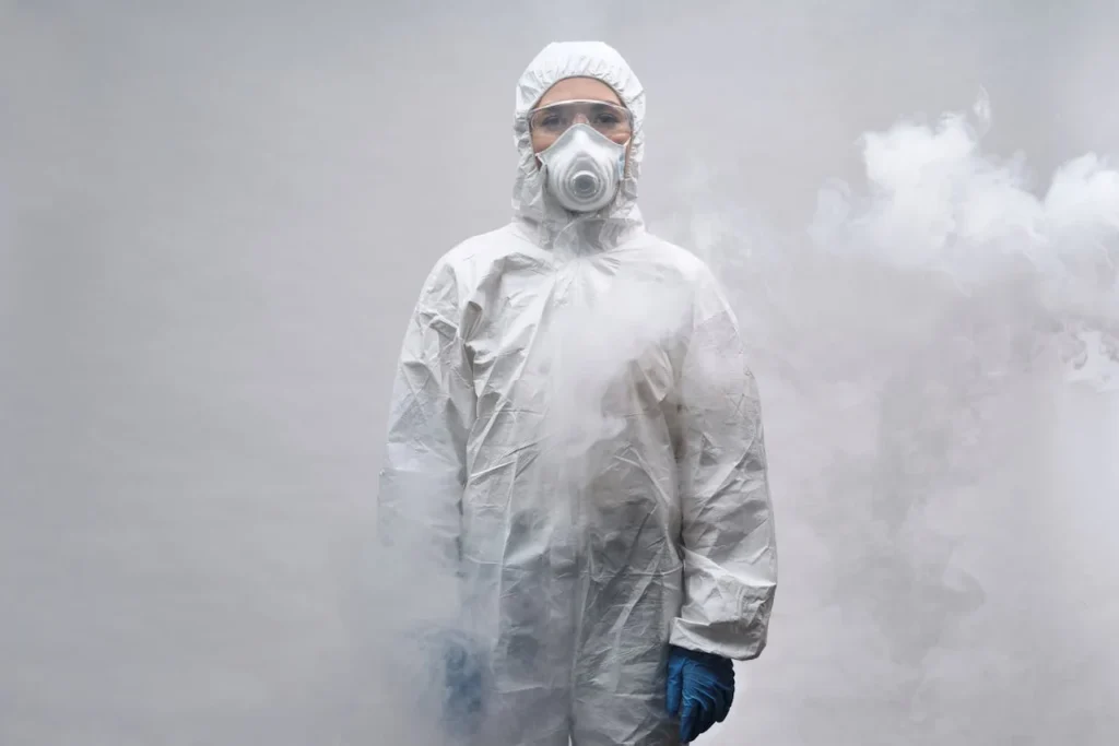 Travailleur équipé d’une combinaison de protection intégrale et d’un masque respiratoire, intervenant en atmosphère à risque. Ce type d’équipement est indispensable lors d’opérations exposant à des substances dangereuses ou à des environnements potentiellement explosifs.