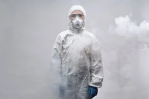 Travailleur équipé d’une combinaison de protection intégrale et d’un masque respiratoire, intervenant en atmosphère à risque. Ce type d’équipement est indispensable lors d’opérations exposant à des substances dangereuses ou à des environnements potentiellement explosifs.