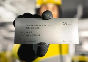 Plaque de marquage technique indiquant les certifications ATEX et IECEx d’un équipement destiné aux environnements potentiellement explosifs, permettant de vérifier sa conformité pour une utilisation en zone à risque.