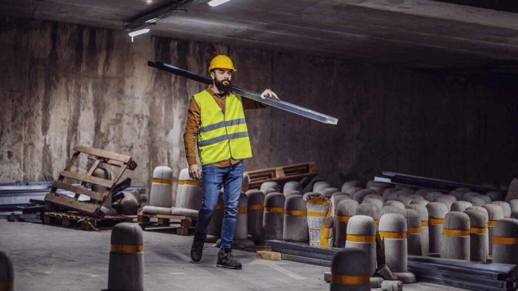 Ouvrier du bâtiment portant un casque et un gilet de sécurité, marchant dans un espace en construction tout en transportant une longue barre métallique sur son épaule