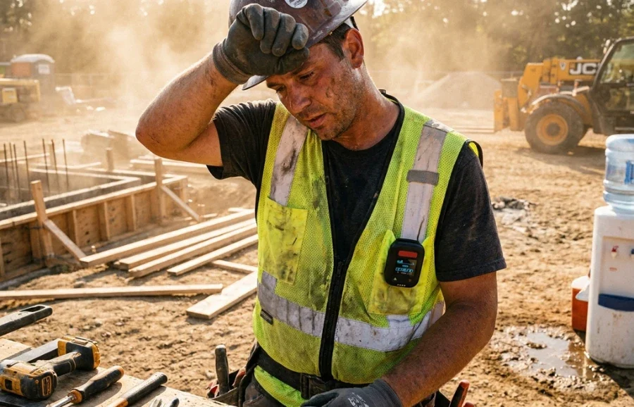 Texte alt : Ouvrier de chantier en gilet haute visibilité jaune s'essuyant le front sous une chaleur intense, un dispositif PTI clipé sur son gilet, avec un chantier de construction en arrière-plan.