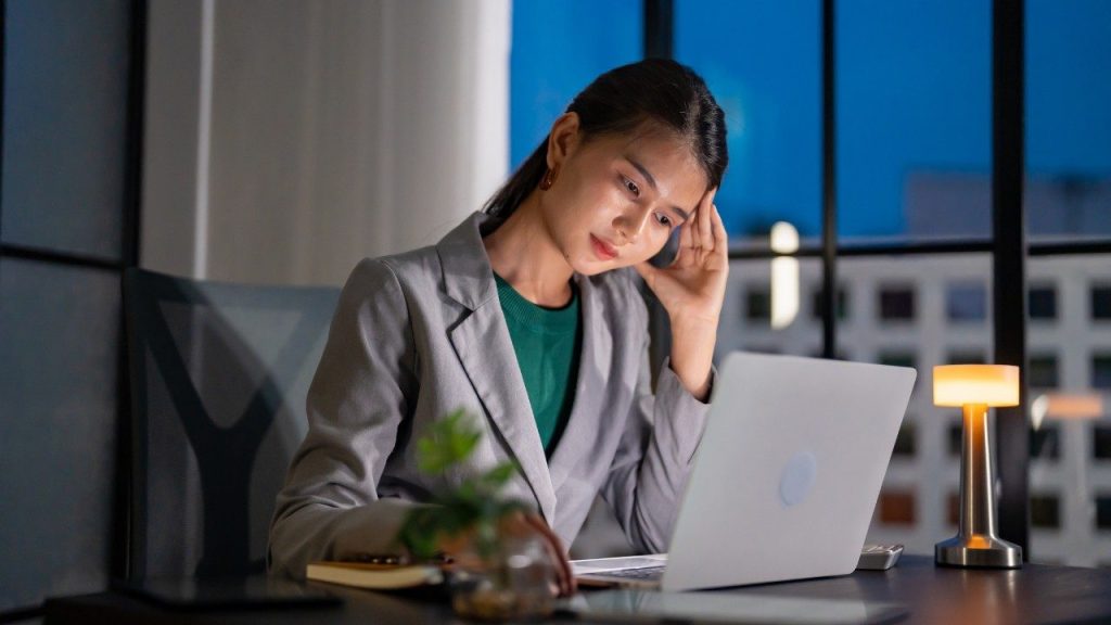 Femme fatiguée travaillant tard sur laptop, stress et surmenage au bureau en soirée — épuisement professionnel. Travail isolé